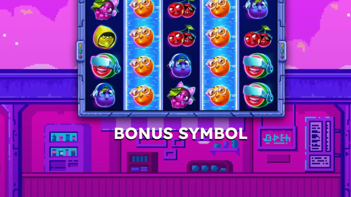 Tampilan visual retro Frooty Troupe – Game On! dengan simbol buah piksel