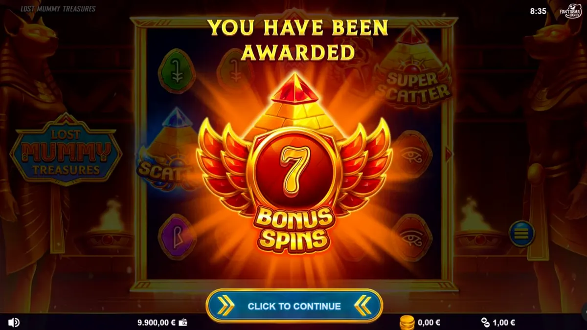 Tampilan visual slot Lost Mummy Treasures dengan simbol dewa Mesir dan gulungan misteri.
