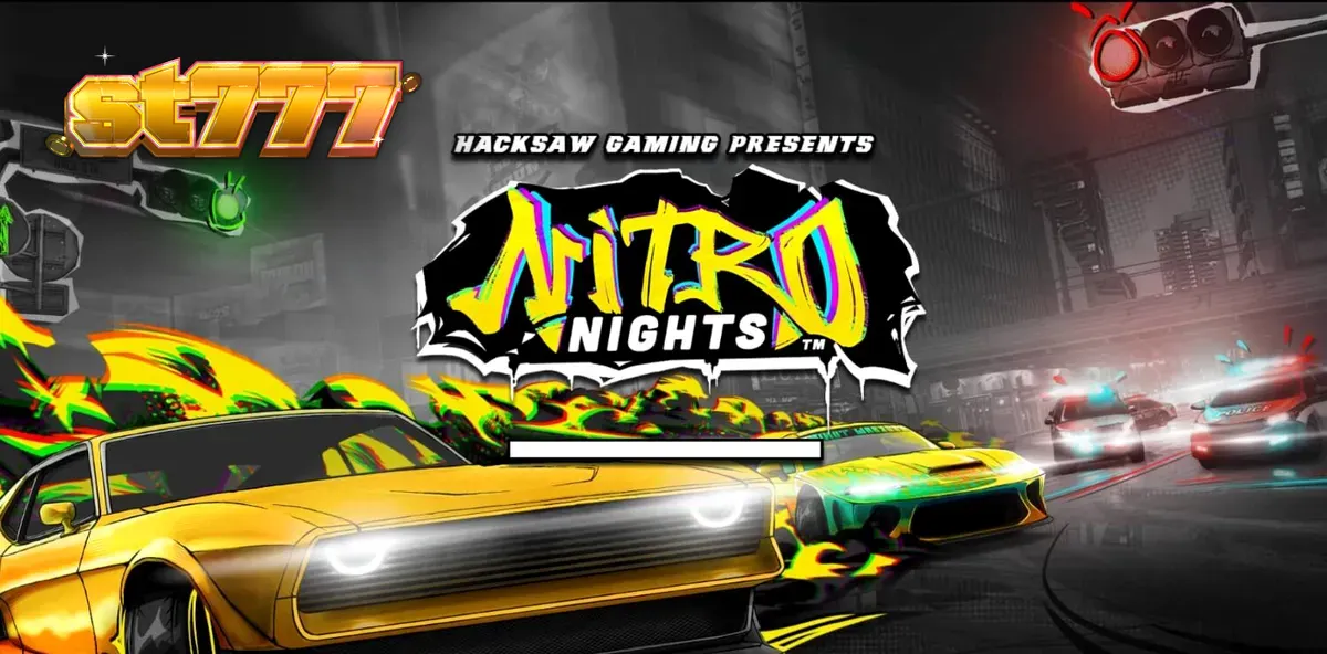 Tampilan visual neon dari slot Nitro Nights dengan elemen balap jalanan